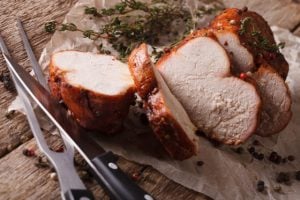 Homemade Sliced Roasted Turkey Close-up On Paper. Horizontal